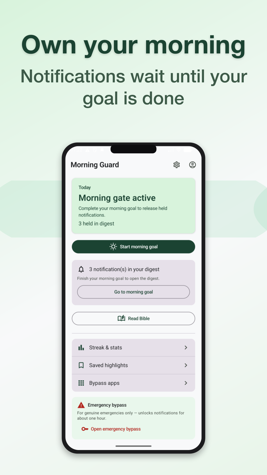 Morning Guard home screen showing the morning gate and today’s goal