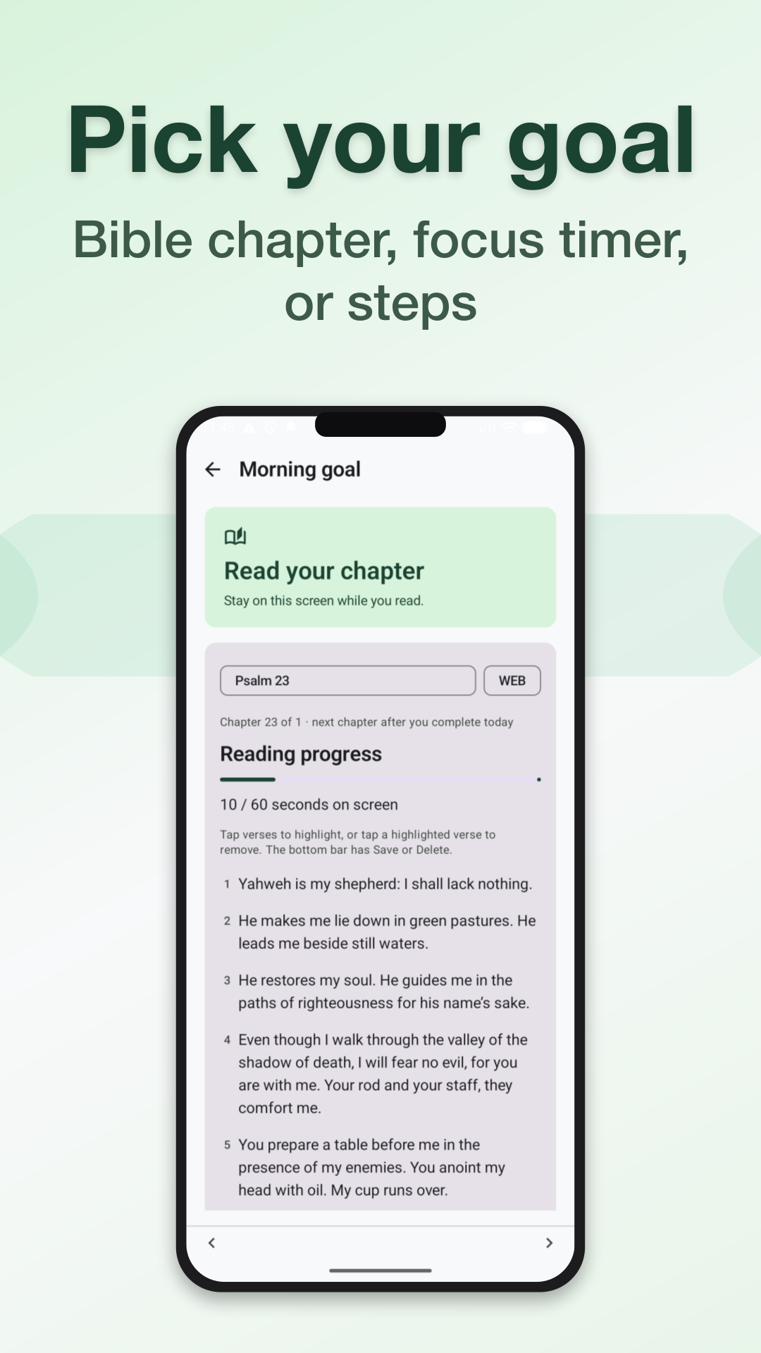 Goal — Bible chapter, timer, or steps