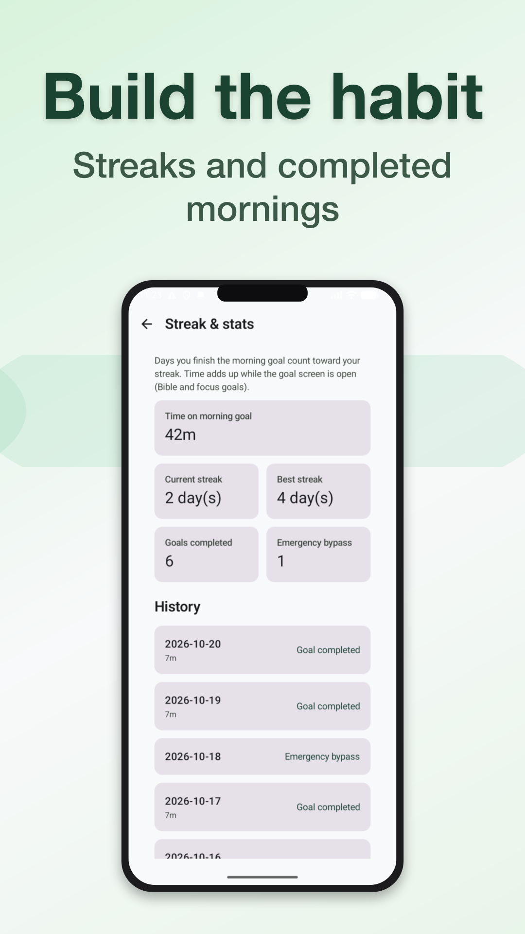 Stats — streaks and completed mornings